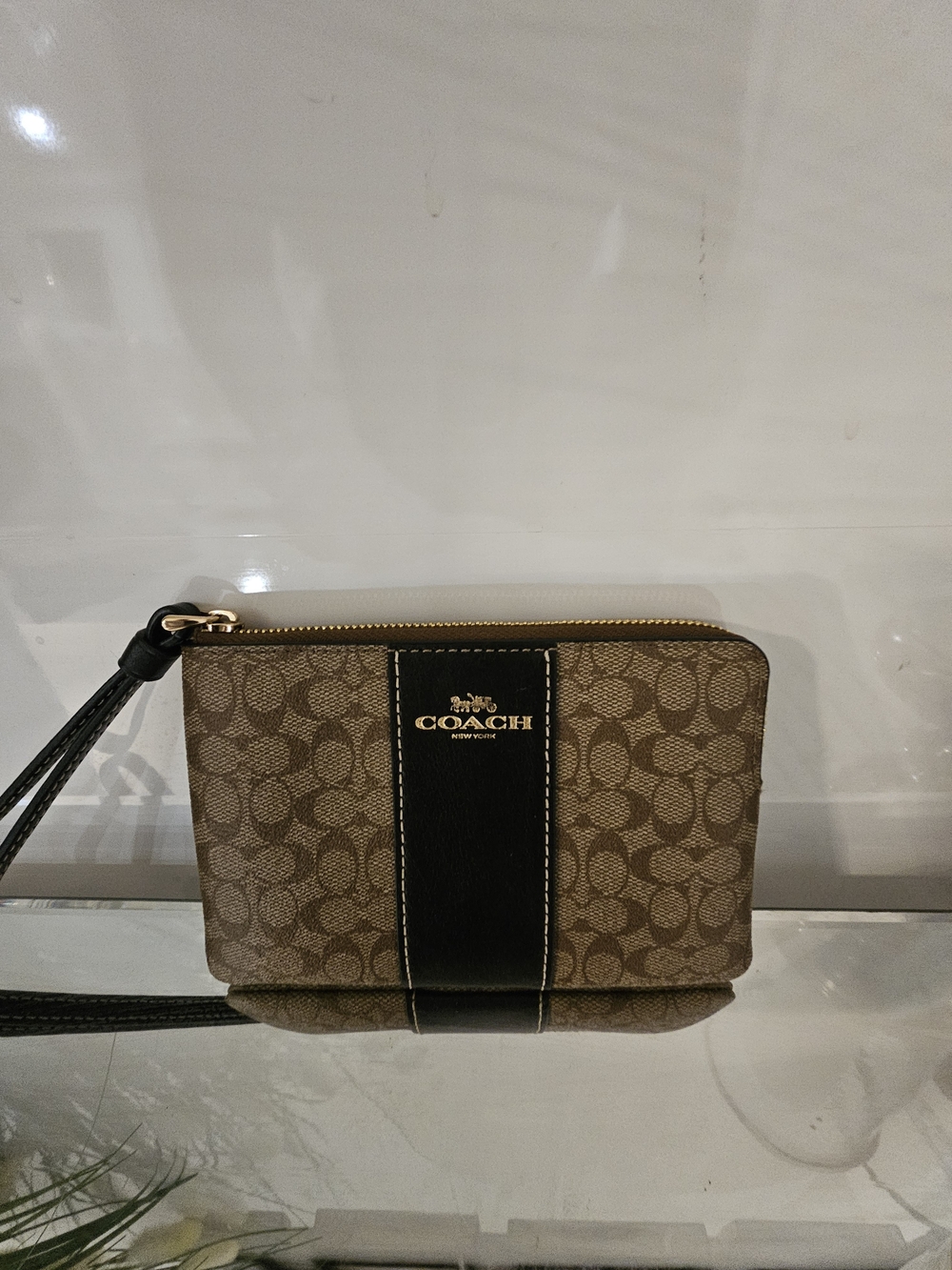 Coach Signature Leather Trim Wristlet - Brown/Black